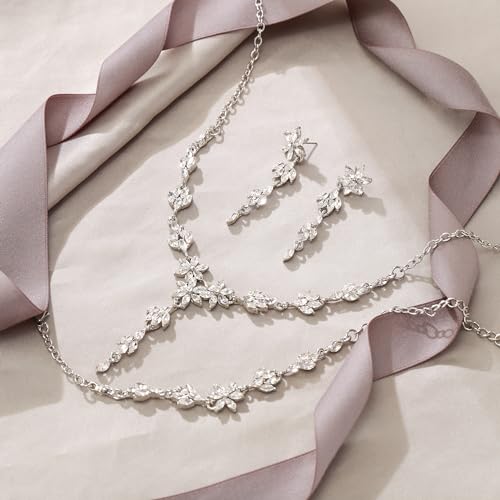EVER FAITH Crystal Flower Wedding Prom Jewelry Set for Bride Bridesmaid | Rhinestone Costume Party Y-Shaped Necklace Dangle Earrings Bracelet, for Women - color: Clear Silver-Tone