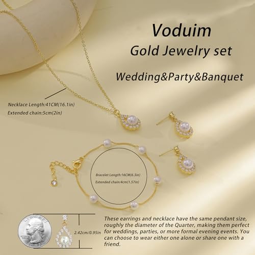 Jewelry Sets for Women,Dainty 14k Gold Plated Pearl Earrings Necklace Bracelet Fashion Silver Bridal Jewelry accessories SimpleWedding Jewelry Sets for Brides - color: gold