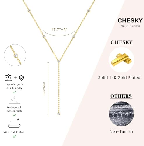 CHESKY Lariat Gold Necklace for Women, Dainty Long Necklace 14k Gold Plated Y-Shaped Pendant Necklace Trendy Layered CZ Beaded Chain Drop Necklaces Simple Gold Jewelry for Women Gifts - color: 1