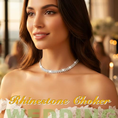 JEAIRTS Rhinestone Choker Necklace Silver Diamond Chain Jewerly for Women | Sparkly Multi-row Crystal Chokers Women's Wedding Prom Formal Jewelry Accessories - color: Silver