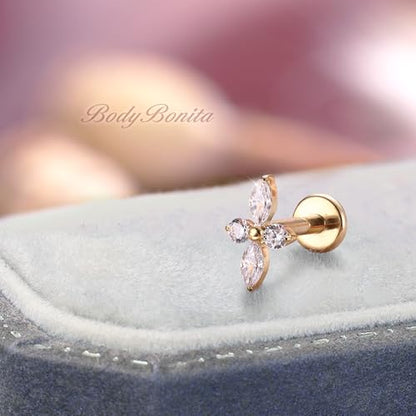 G23 Titanium 16G Tragus Conch Piercing Jewelry Flat Back Stud Earrings | Hypoallergenic CZ Nose Dangle Helix Medusa Lip Labret Body Piercing Jewelry, 14K Gold Plated, Silver, 6 and 8 mm Post Length - color: Floral Sparkle-14K Gold
