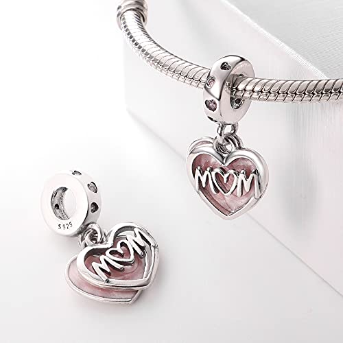 925 Sterling Silver Charms for Bracelets Necklaces Dangle Pendant With 5A Cubic Zirconias Bead Charm for Women DIY Jewelry - style: Pink Heart LOVE MOM Charm