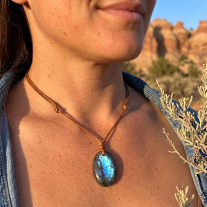 Labradorite Pendant Necklace, Natural Gemstone Jewelry | Natural labradorite, adjustable waxed cord, unisex style, daily wear