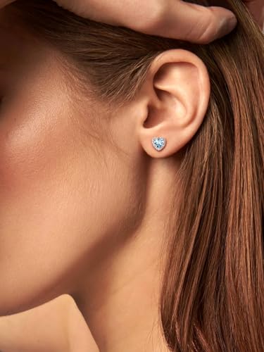 Suplight 925 Sterling Silver Birthstone Stud Earrings for Women, Round/Heart/Teardrop/Square Crystal Diamond Earrings for Women, Dainty Birthday Gifts Jewelry - color: style b-03. heart-March(Created Aquamarine)