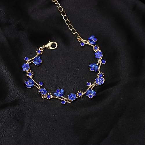 Elegant Brides Austrian Crystal Flower Choker Necklace Drop Dangle Earring Bracelet Wedding Jewelry Set for Bridesmaid Prom Costume Jewelry Set for Women - color: Blue-Gold Plated