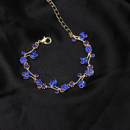 Elegant Brides Austrian Crystal Flower Choker Necklace Drop Dangle Earring Bracelet Wedding Jewelry Set for Bridesmaid Prom Costume Jewelry Set for Women - color: Blue-Gold Plated