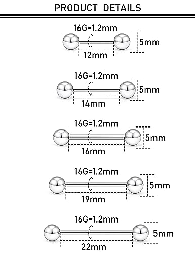 16G 14G 12G Nipple Piercings Tongue Rings Externally/Internally Threaded Hypoallergenic 316L Surgical Steel Nipple Tongue Barbell Piercing Jewelry for Women Men 12mm 14mm 16mm 19mm 22mm - color: 16G/Externally Threaded/12mm-22mm Bars/5mm Balls
