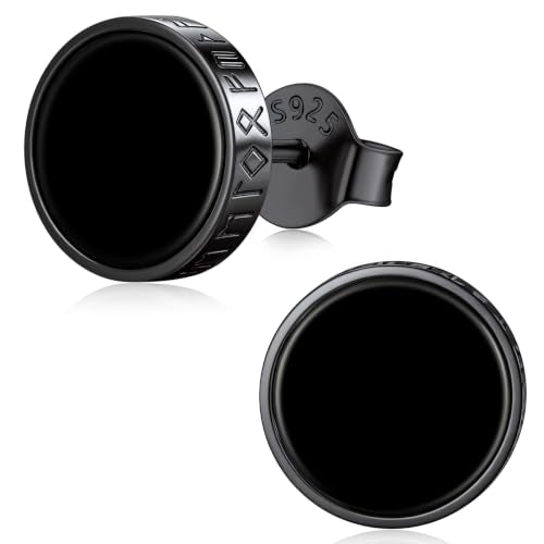 ChicSilver 925 Sterling Silver Viking Rune Natural Black Onyx Stud Earrings For Women Men - style: A: Side Runes-Black 10mm