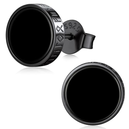 ChicSilver 925 Sterling Silver Viking Rune Natural Black Onyx Stud Earrings For Women Men - style: A: Side Runes-Black 10mm