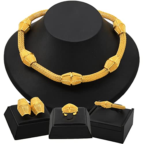 indian Women Jewelry Necklace Set african Dubai Bride Wedding Prom Fashion Jewelry 24K Gold Plated Necklace Bangles Rings Earrings - color: S-202