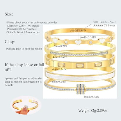 Camhanno Pink Heart Bangle Bracelets for Women - 18K Gold Plated Stackable Stainless Steel, Friendship & Love Jewelry Gift for Her - color: White