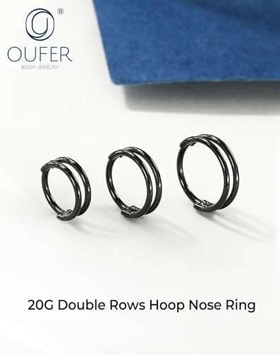 OUFER Nose Rings Hoops, 20G Double Rows Hoop Nose Ring For Women, 316L Surgical Steel Hinged Segment Cartialge Piercing, Inner Diameter 6/7/8MM Cartilage Rook Helix Lobe Tragus Earrings - color: Black