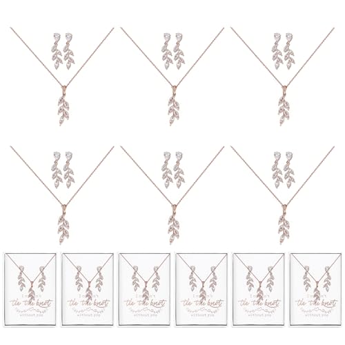 DHQH Bridesmaid Necklace Earrings Set Gifts I Couldn't Say I DO Without You Cubic Zirconia Leaf Pendant Necklace Bridesmaid Proposal Gift Set of 4 6 - color: rose-leaf-6set