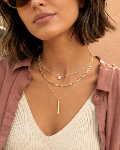 Gold Necklace Stack, Layered Gold Necklaces for Women Jewelry Set | 14K Gold Plated, Separate Chains, Pendant, Dainty, Non Tarnish, Delicate, Chain, Multi, Gift - color: 3 Layer-Bar Gold