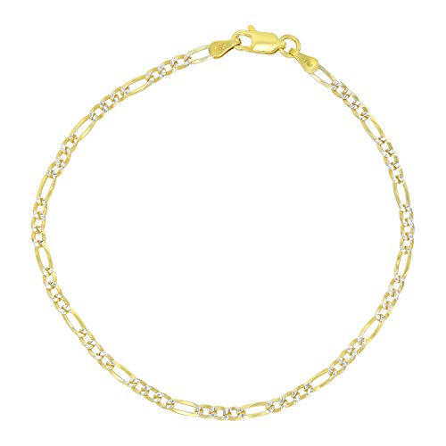 14K Gold or Rhodium Plated Silver Figaro Diamond Cut Pave Chain For Men | 1mm-13mm Thick | Solid 925 Figaro Italian Necklaces For Men - style: 2.60MM- Yellow & White