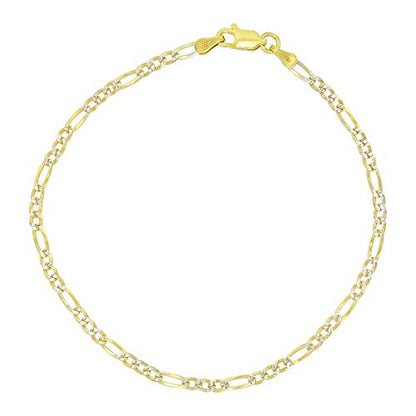 14K Gold or Rhodium Plated Silver Figaro Diamond Cut Pave Chain For Men | 1mm-13mm Thick | Solid 925 Figaro Italian Necklaces For Men - style: 2.60MM- Yellow & White