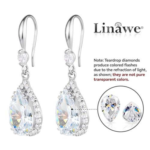 Linawe Imitation Diamond Dangle Earrings for Women Trendy, Rhinestone Drop Chandelier Earrings, Teardrop Crystal Cubic Zirconia Wedding Jewelry Set, 14K Gold/Rose Gold/Silver Tone - color: Silver,April