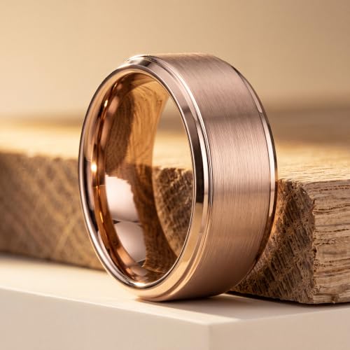 Tungsten Wedding Band Ring Black 10mm Men Women Comfort Fit 18k Rose Gold Step Edge Brushed Polished - color: Rose Gold Tungsten