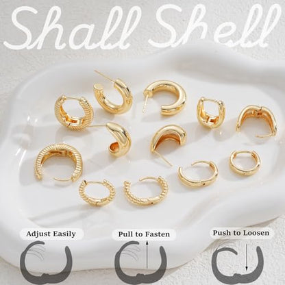 6 Pairs Gold Hoop Earrings Set for Women, 14K Gold Plated Lightweight Chunky Twisted Huggie Hoops, Hypoallergenic Small Thick Hoop Multipack Jewelry Gift - color: Chunky Gold