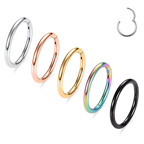 AROWRO Nose Rings Hoops 5 Pcs Septum Rings 20G 18G 16G 14G 12G Conch Piercing Jewelry 316L Surgical Steel Hinged Segment Nose Hoops Helix Daith Rook Tragus Cartilage Piercing Jewelry
