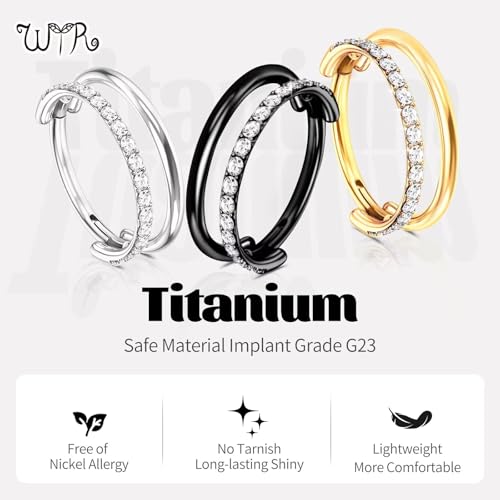 G23 Titanium Conch Piercing Jewelry Hoop: 16G 8mm/10mm/12mm Diamond Cartilage Earring Helix Double Piercing Hoop Septum Rings Hypoallergenic Nose Rings Hinged Segment Clicker Lip Rings Rook Daith Tragus Earrings - color: Silver-Double Layers, One Row CZ
