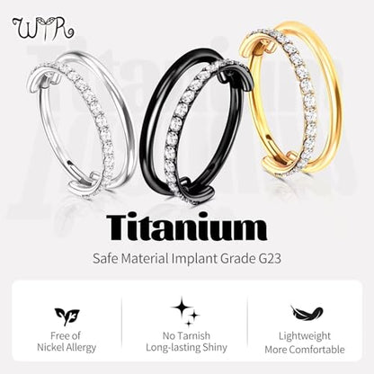 G23 Titanium Conch Piercing Jewelry Hoop: 16G 8mm/10mm/12mm Diamond Cartilage Earring Helix Double Piercing Hoop Septum Rings Hypoallergenic Nose Rings Hinged Segment Clicker Lip Rings Rook Daith Tragus Earrings - color: Black-Double Layers, One Row CZ