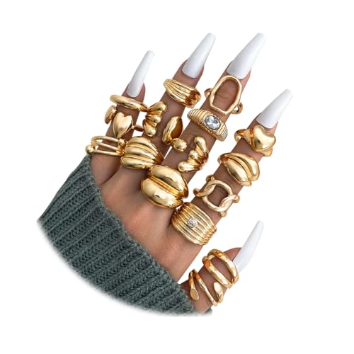 17IF 16 Pcs Chunky Gold Rings Set for Women, 14K Gold Plated | Classic Thick Adjustable Rings, Stackable Midi Finger Womens Stack Ring Pack for Jewelry Gifts - style: Golden-B