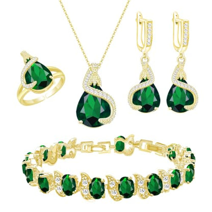 Jewelry Set for Women Teardrop Earrings Necklace Ring Bracelet Set Party Wedding Jewelry Gift for Mother Wife Friend - color: Gold-Green