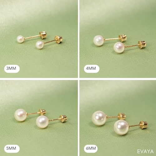 EVAYA Real 14k Gold Freshwater Pearl Stud Earrings for Women (3mm-6mm) | Real solid 14k gold with genuine freshwater pearl; 3-6mm diameter; secure screw back; hypoallergenic, classic everyday - size: 4mm