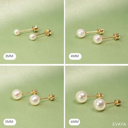 EVAYA Real 14k Gold Freshwater Pearl Stud Earrings for Women (3mm-6mm) | Real solid 14k gold with genuine freshwater pearl; 3-6mm diameter; secure screw back; hypoallergenic, classic everyday - size: 5mm