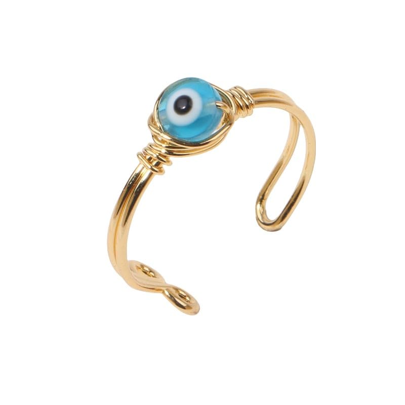 Chakra Crystal Ring Adjustable Gemstone Rings Wire Wrapped Irregular Crystal Ring Gemstone Carnelian Rose Quartz Amethyst Evil Eye Tiger Eyes Crystal Ring for Women - color: Sky Blue Eyes