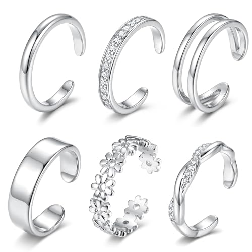 Besteel 6 PCS Toe Rings for Women - 14K Gold Filled Non Tarnish Waterproof | Adjustable Silver Toe Ring Simple Open Band Hug CZ Chunky Flower Toe Rings Set Trendy Summer Beach Foot Jewelry for Women - style: Silver: twist&flower toe ring