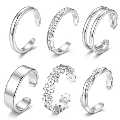 Besteel 6 PCS Toe Rings for Women - 14K Gold Filled Non Tarnish Waterproof | Adjustable Silver Toe Ring Simple Open Band Hug CZ Chunky Flower Toe Rings Set Trendy Summer Beach Foot Jewelry for Women - style: Silver: twist&flower toe ring