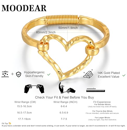 Moodear Chunky Gold Bangle Bracelets for Women, 14K Gold Plated/Silver Cuff | Chunky Statement Jewelry with Hammered Texture, Non Tarnish Gold Plated Finish, Unique Cuff Design, Lightweight Comfort - style: Heart Bangle Gold 18.5cm （≈7IN）