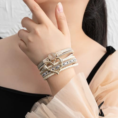 Rantanto Leather Wrap Bracelets For Women Gold Twist Lock Buckle Wrist Cuff | PU leather,Skin-friendly,Boho Stackable Wristband,Fashion Daily Jewelry,Trend Casual Party Bangle,Fit For Birthday, Holiday - color: Heart Beige