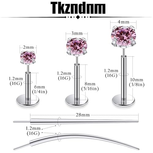 F136 Titanium 20/18/16G Earrings Nose Lip Rings Medusa Tragus Cartilage Helix Labret Flat Back Threadless Implant Grade Stud Piercing Jewelry for Women - color: Pink CZ, size: 16g*6/8/10mm*2/3/4mm