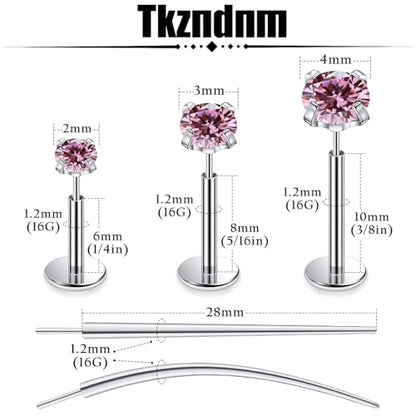 F136 Titanium 20/18/16G Earrings Nose Lip Rings Medusa Tragus Cartilage Helix Labret Flat Back Threadless Implant Grade Stud Piercing Jewelry for Women - color: Pink CZ, size: 16g*6/8/10mm*2/3/4mm