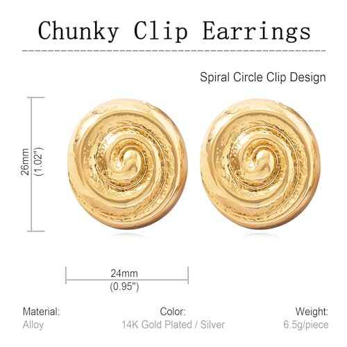 REELMAR Chunky Geometric Clip On Earrings for Women Trendy Gold-Plated Thick Hammered Rectangle Dupes Earrings Minimalist Statement Earrings No Piercing Clips - color: Gold-Circle
