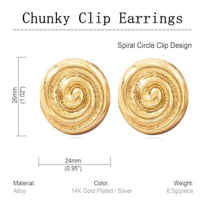 REELMAR Chunky Geometric Clip On Earrings for Women Trendy Gold-Plated Thick Hammered Rectangle Dupes Earrings Minimalist Statement Earrings No Piercing Clips - color: Gold-Circle