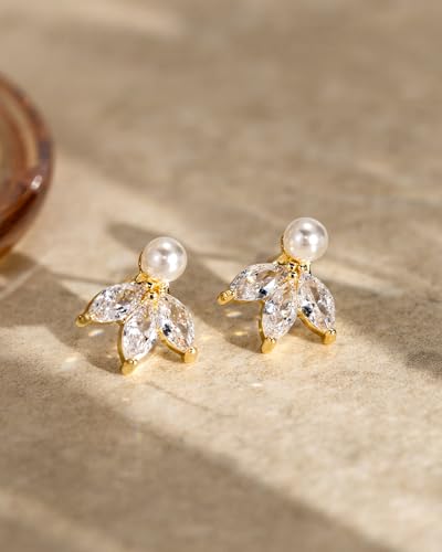 Pearl Earrings - 14k Gold or White Gold Plated Sparkle Cubic Zirconia Dainty Pearl Stud Earrings for Women Wedding Party Bridal - color: gold leaf