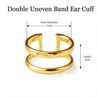 Gold Plated Ear Cuff, Handmade Single Un-Even Double Band Adjustable Non Piercing Clip On Cartilage Earring, Minimalist Ear Wrap Faux Piercing Jewelry for Women (Double Band)