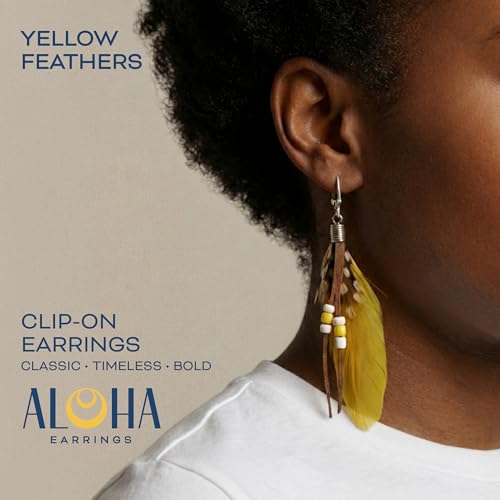 Aloha Earrings-Clip On Real Feather Earrings-Dangle Clip On Earrings Tassel Long Clip Earrings Bohemian - color: Yellow Feathers