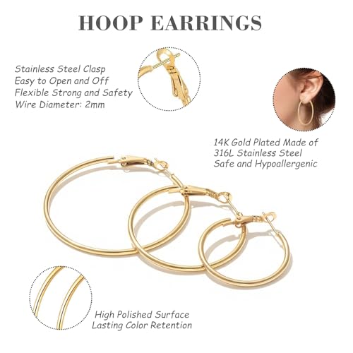 4 Pairs Silver Hoop Earrings for Women 30/40/50/60mm | Hypoallergenic, Stainless Steel, Big Thin Lightweight, Dangle Set - color: 4 Pairs Gold-30/40/50/60mm