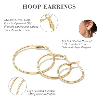 4 Pairs Silver Hoop Earrings for Women 30/40/50/60mm | Hypoallergenic, Stainless Steel, Big Thin Lightweight, Dangle Set - color: 4 Pairs Gold-30/40/50/60mm