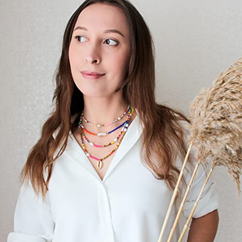 Wellike Freshwater Pearl Beaded Necklace for Women Handmade Boho Colorful Glass Beads Choker Necklace Stainless Steel 18K Gold Plated Bohemian Women Summer Jewelry Gifts - color: D