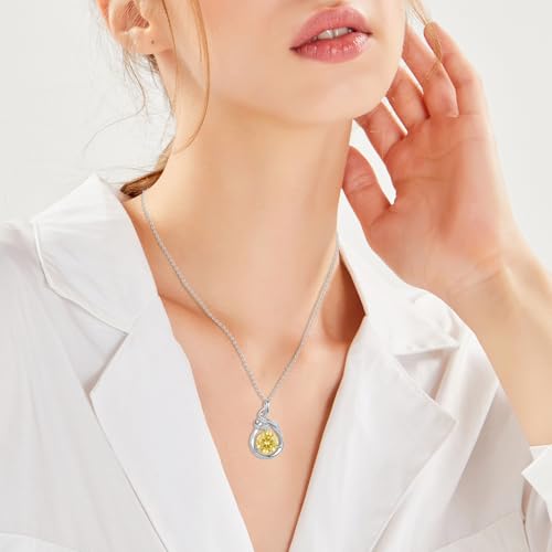 Teardrop Birthstone Necklace for Women 14K Gold/White Gold Elegant Ribbon Pendent Anniversary Love Birthday Gifts for Mom Women, 18"+2" Inches - color: White Gold-11-Nov Birthstone