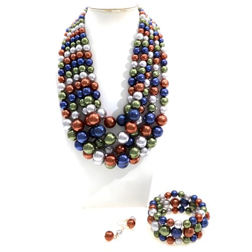 Faux Big Pearl Srand Necklaces for Women 5 Layers Pearls Choker Bib Collar Necklace Bracelet and Earrings set 1920s Costume Pearl Jewelry Bridal Wedding - color: colorful navy blue