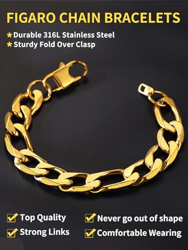 ChainsHouse Figaro Link Chain Bracelet for Men Stainless Steel Jewelry | Black/ Gold Bracelets Men, 6/9/13mm Figaro Cuabn Bracelets 7.5"/8.3", Chunky Hip Hop Wrist Hand Chain Bracelet for Gift - color: b: 13mm-gold