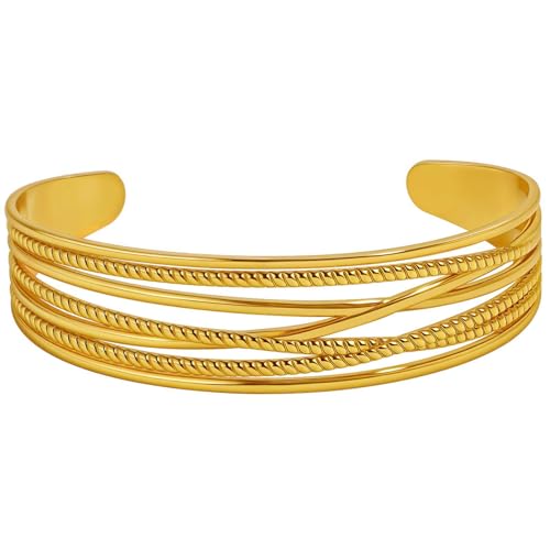 Stainless Steel Geometric Open Cuff Bracelet, Minimalist Gold Wire Bangle, 6.65cm Inner Diameter for Women