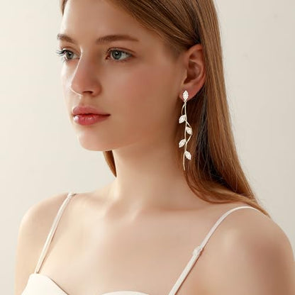 Gold/Silver Clip on Earrings Non Pierced for Women - 14K Gold Plated Long Tasse Drop Dangle Clip Earrings - Cubic Zirconia Leaf Earrings for Women Gold Wedding Jewelry Gifts - color: 14K gold plated